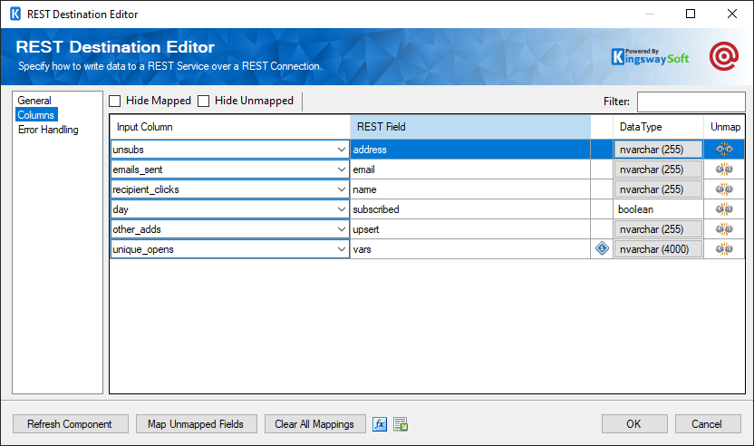 SSIS Mailgun REST Destination - Columns